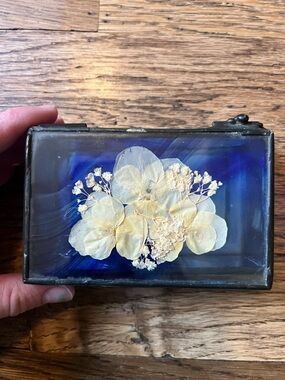 Vintage Glass Trinket Box Blue Yellow Metal Pressed Flowers